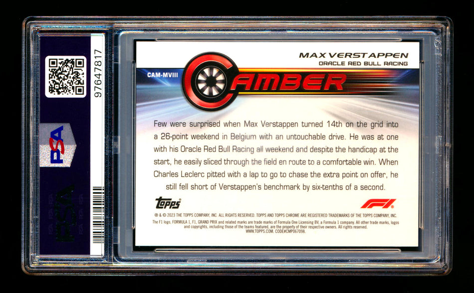 2023 Topps Chrome F1 Camber #CAM-MVIII Max Verstappen Orange Refractor #05/25 PSA 9