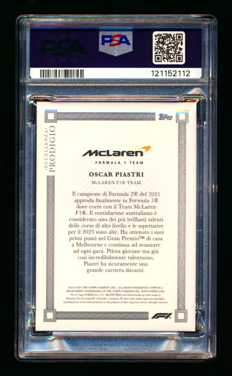 2023 Topps Eccellenza F1 Oscar Piastri RC Prodigio PSA 10 ** (SOLD eBay - $225.00 - 12/26/2025) **
