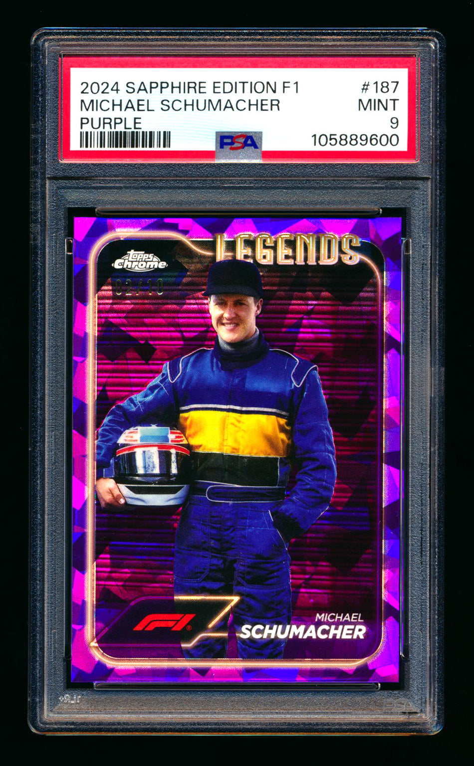 2024 Topps Chrome Sapphire F1 #187 Michael Schumacher Purple Refractor #02/10 PSA 9