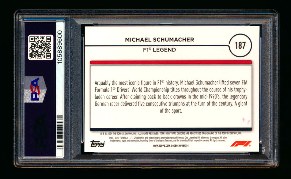 2024 Topps Chrome Sapphire F1 #187 Michael Schumacher Purple Refractor #02/10 PSA 9