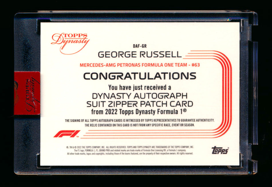 2022 Topps Dynasty F1 #DAF-GR Zipper Patch Autograph George Russell #09/10 ** (SOLD eBay - $1,349.00 - 3/6/2026) **