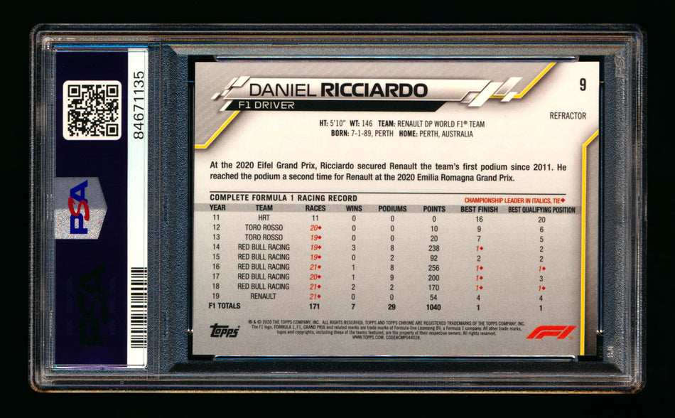2020 Topps Chrome F1 #9 Daniel Ricciardo RC Refractor Portrait PSA 10