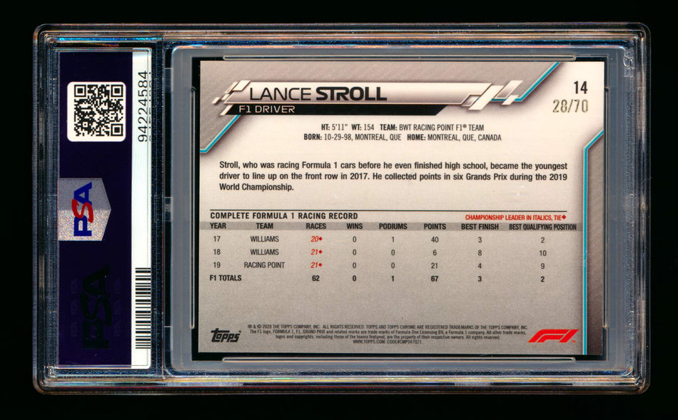 2020 Topps Chrome Sapphire F1 #14 Lance Stroll RC 70th Silver Refractor Portrait #28/70 PSA 10