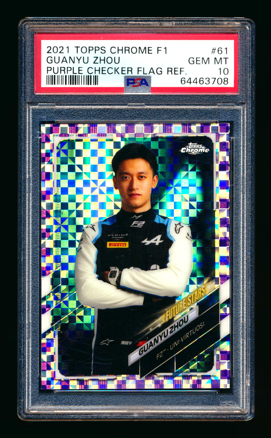 2021 Topps Chrome F1 #61 Guanyu Zhou RC Purple Checker Flag Refractor Portrait #044/199 PSA 10