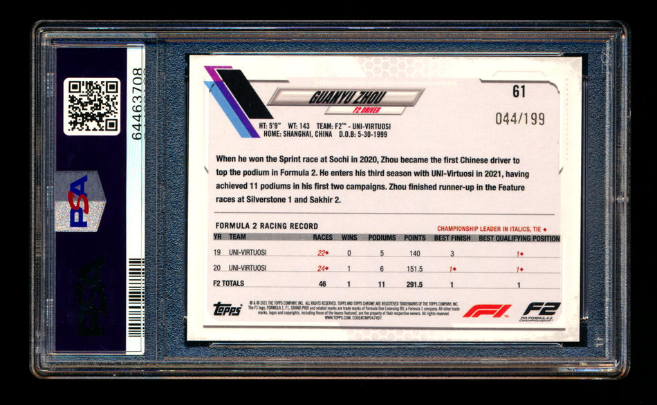2021 Topps Chrome F1 #61 Guanyu Zhou RC Purple Checker Flag Refractor Portrait #044/199 PSA 10