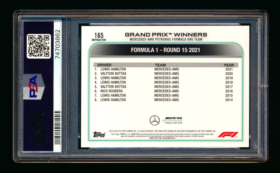 2022 Topps Chrome F1 #165 Lewis Hamilton Refractor PSA 10 ** (SOLD eBay - $45.00 - 1/20/2026) **
