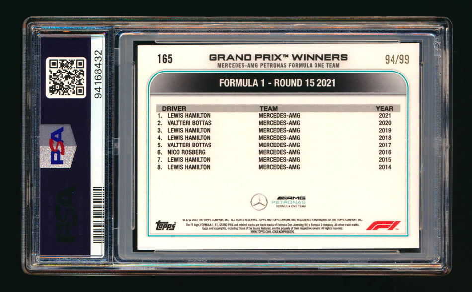 2022 Topps Chrome F1 #165 Lewis Hamilton Green Refractor #94/99 PSA 10 ** (SOLD eBay - $74.00 - 5/16/2026) **