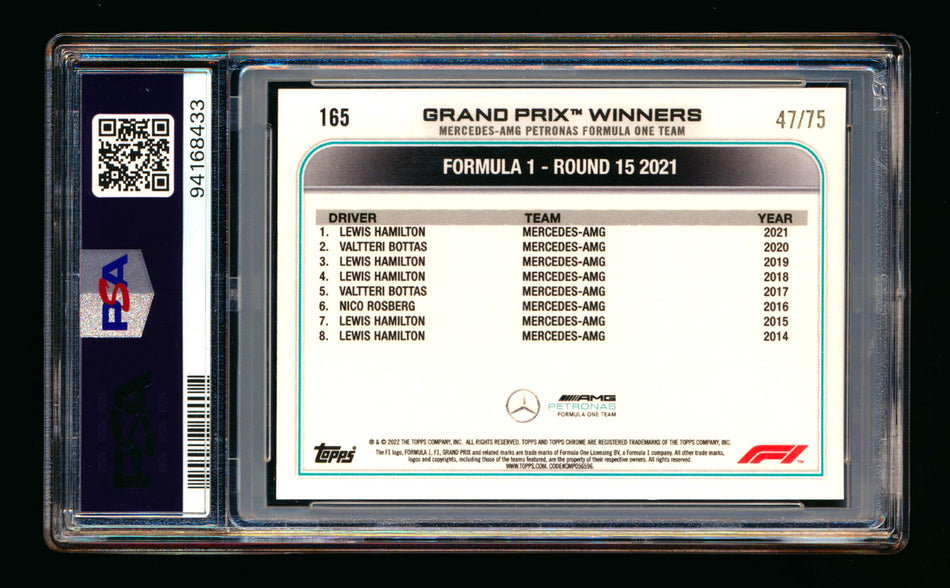 2022 Topps Chrome F1 #165 Lewis Hamilton Pink Refractor #47/75 PSA 10 ** (SOLD eBay - $83.00 - 5/16/2026) **