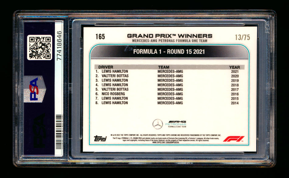 2022 Topps Chrome F1 #165 Lewis Hamilton Pink Raywave Refractor #13/75 PSA 10 ** (SOLD eBay - $83.00 - 5/16/2026) **