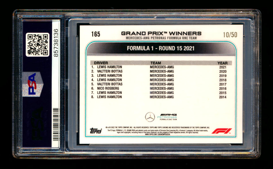 2022 Topps Chrome F1 #165 Lewis Hamilton Gold Refractor #10/50 PSA 10 ** (SOLD eBay - $159.00 - 1/22/2026) **