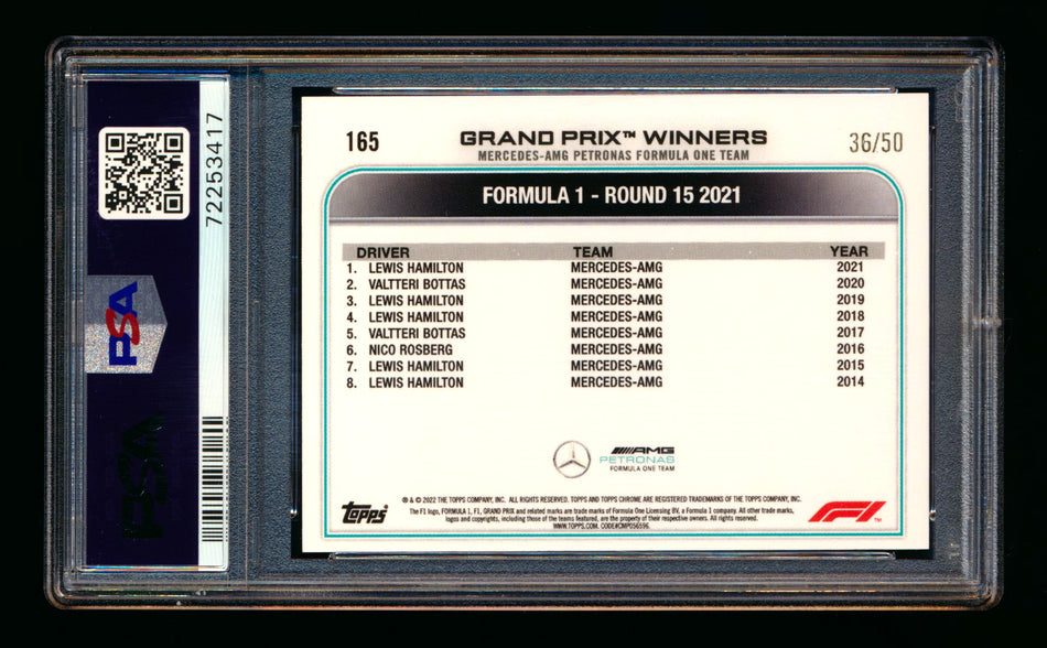 2022 Topps Chrome F1 #165 Lewis Hamilton Gold Checker Flag Refractor #36/50 PSA 10 ** (SOLD eBay - $115.00 - 5/21/2026) **
