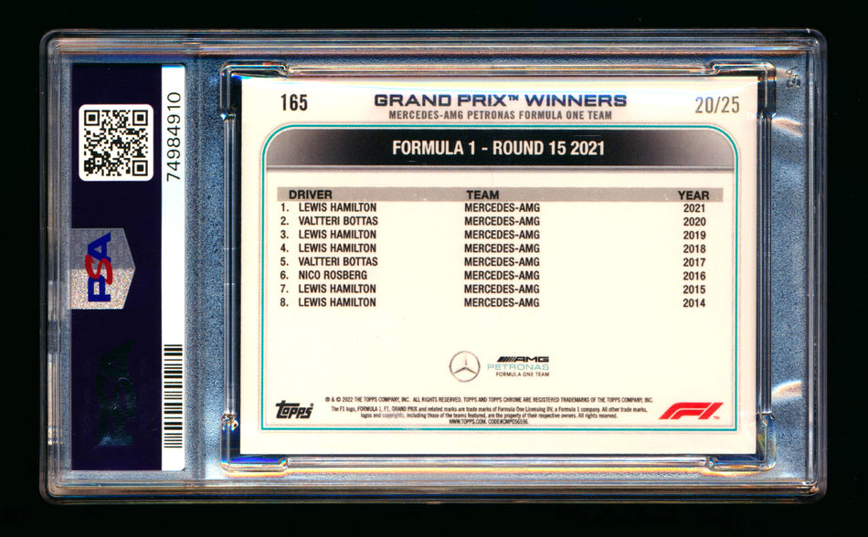 2022 Topps Chrome F1 #165 Lewis Hamilton Orange Refractor #20/25 PSA 10 ** (SOLD eBay - $195.00 - 4/12/2026) **
