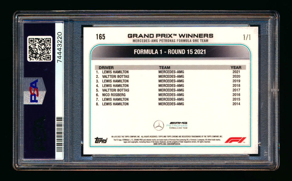 2022 Topps Chrome F1 #165 Lewis Hamilton Black Raywave Refractor #1/1 PSA 9 ** (SOLD eBay - $1,500.00 - 1/8/2026) **