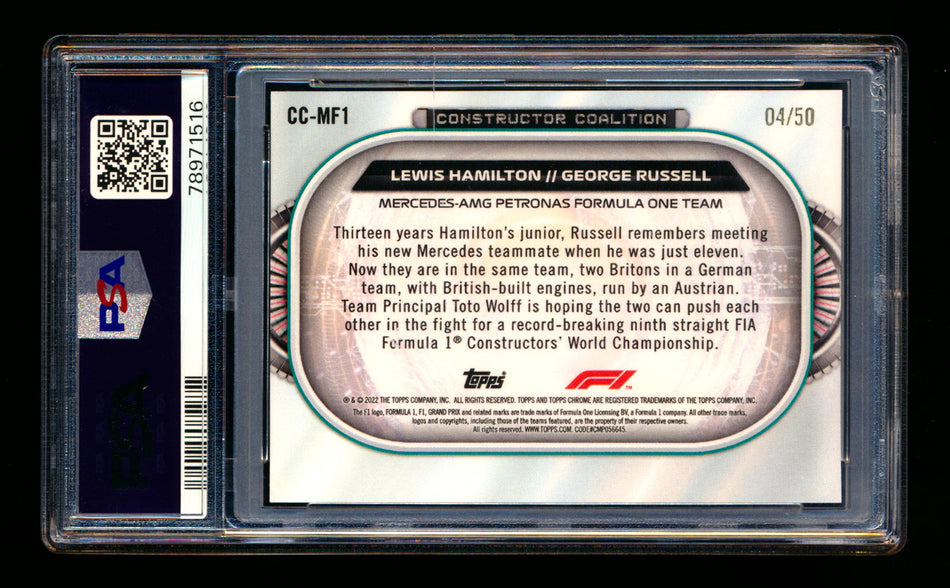 2022 Topps Chrome F1 Constructor Coalition #CC-MF1 Lewis Hamilton/George Russell Gold Refractor #04/50 PSA 10 ** (SOLD eBay - $149.00 - 1/22/2026) **