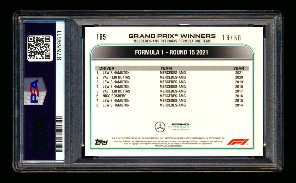 2022 Topps Chrome Sapphire F1 #165 Lewis Hamilton Gold Refractor #19/50 PSA 10 ** (SOLD eBay - $159.00 - 2/10/2026) **