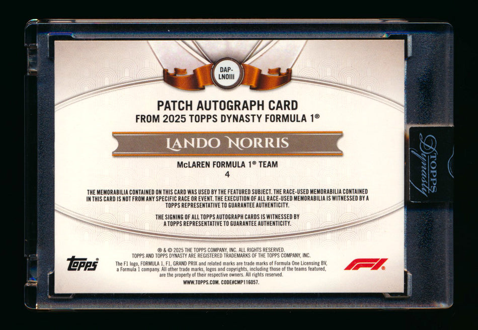 2025 Topps Dynasty F1 #DAP-LNOIII Lando Norris Patch Autograph #08/10
