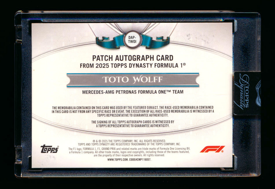 2025 Topps Dynasty F1 #DAP-TWOI Toto Wolff Red Patch Autograph #5/5 (Last #!) ** (SOLD eBay - $595.00 - 3/22/2026) **
