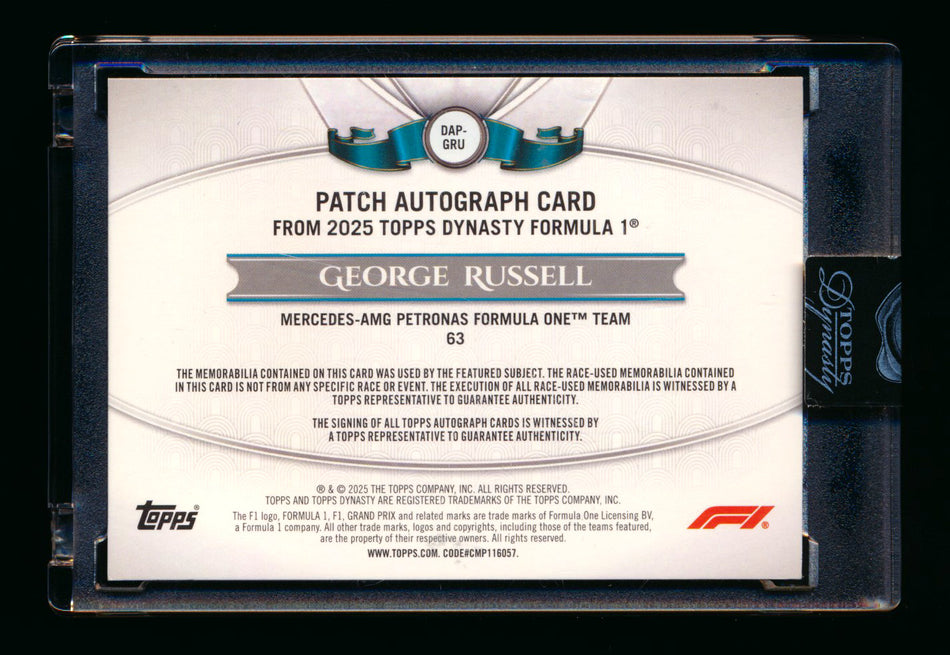 2025 Topps Dynasty F1 #DAP-GRU George Russell Red Patch Autograph #3/5 ** (SOLD eBay - $1,895.00 - 2/10/2026) **