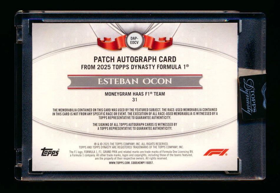 2025 Topps Dynasty F1 #DAP-EOCV Esteban Ocon Red Patch Autograph #1/5 (First #!) ** (SOLD - $495.00 - 1/2/2026) **