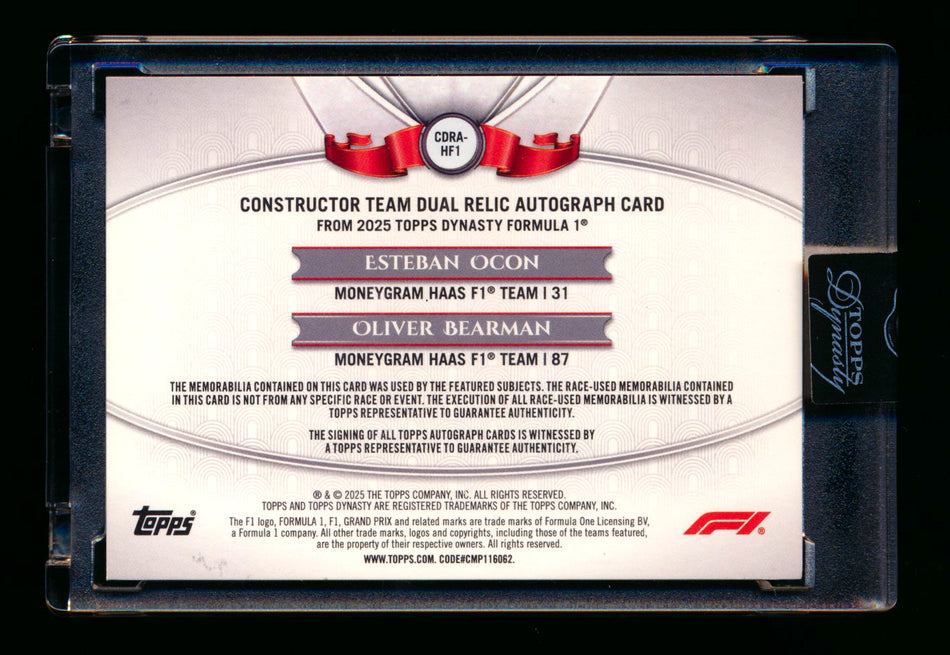 2025 Topps Dynasty F1 #CDRA-HF1 Esteban Ocon/Oliver Bearman RC ROOKIE Constructor Red Dual Patch Autograph #3/5