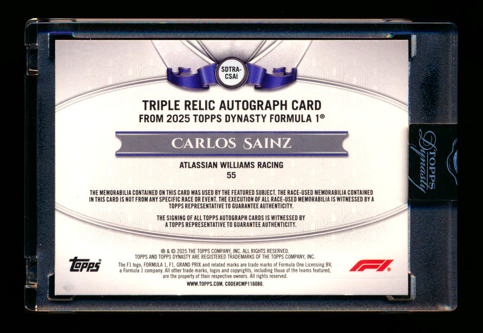 2025 Topps Dynasty F1 #SDTRA-CSAI Carlos Sainz Triple Patch Autograph #10/10 (Last #!)