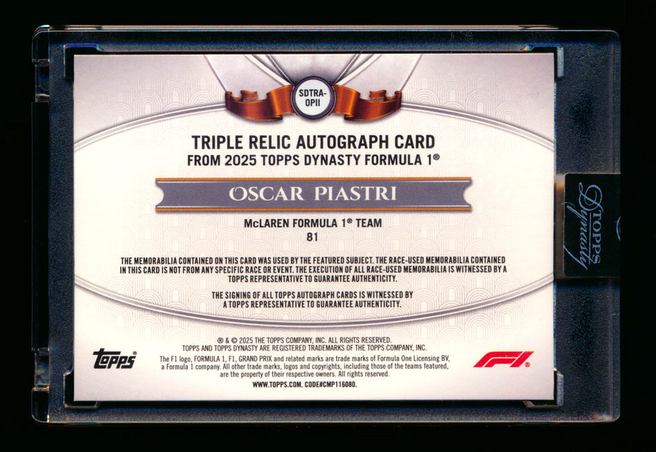 2025 Topps Dynasty F1 #SDTRA-OPII Oscar Piastri Triple Patch Autograph #02/10 ** (SOLD - $1,895.00 - 12/22/2025) **