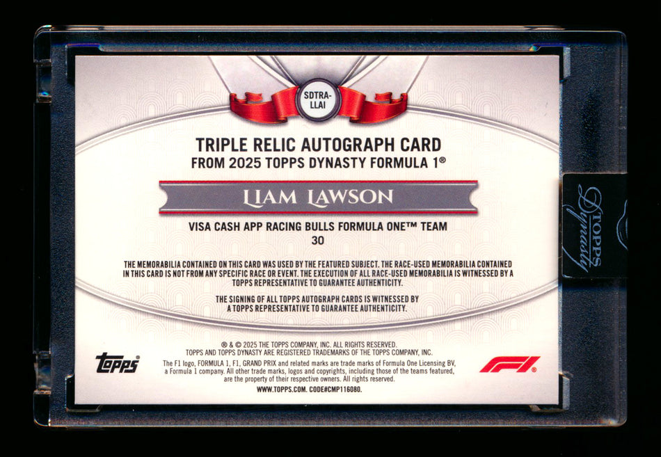 2025 Topps Dynasty F1 #SDTRA-LLAI Liam Lawson RC ROOKIE Triple Patch Autograph #03/10 ** (SOLD - $395.00 - 12/14/2025) **