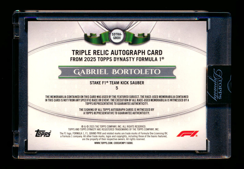 2025 Topps Dynasty F1 #SDTRA-GBOII Gabriel Bortoleto RC ROOKIE Triple Patch Autograph #05/10