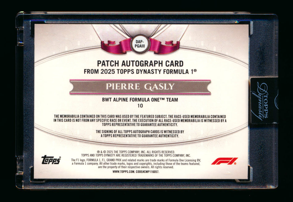 2025 Topps Dynasty F1 #DAP-PGAIII Pierre Gasly Red Patch Autograph #2/5 ** (SOLD - $449.00 - 1/2/2026) **