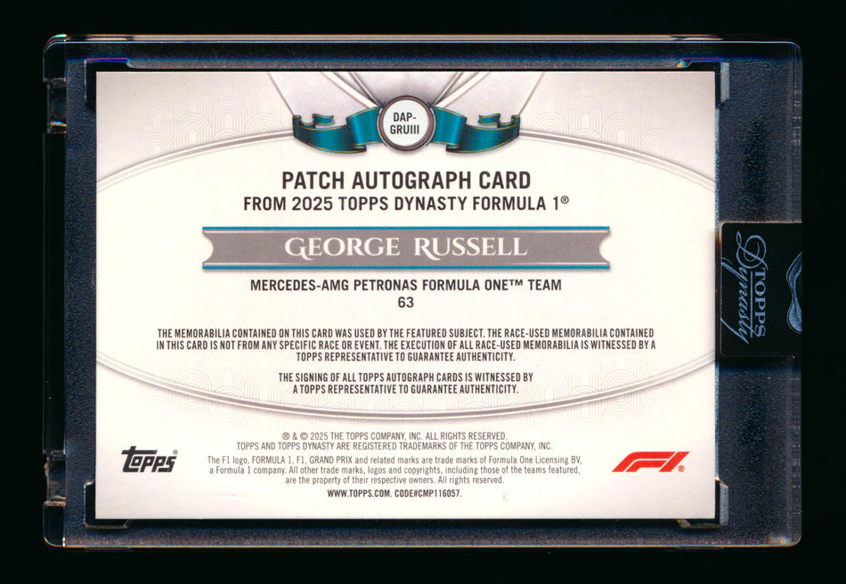 2025 Topps Dynasty F1 #DAP-GRUIII George Russell Red Patch Autograph #1/5 (First #!) ** (SOLD eBay - $1,895.00 - 2/8/2026) **