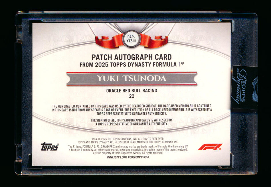 2025 Topps Dynasty F1 #DAP-YTSIII Yuki Tsunoda Red Patch Autograph #5/5 (Last #!)
