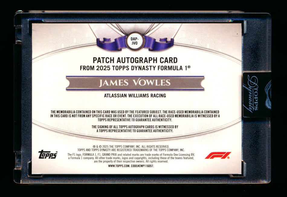2025 Topps Dynasty F1 #DAP-JVO James Vowles Red Patch Autograph #4/5 ** (SOLD - $349.00 - 12/24/2025) **