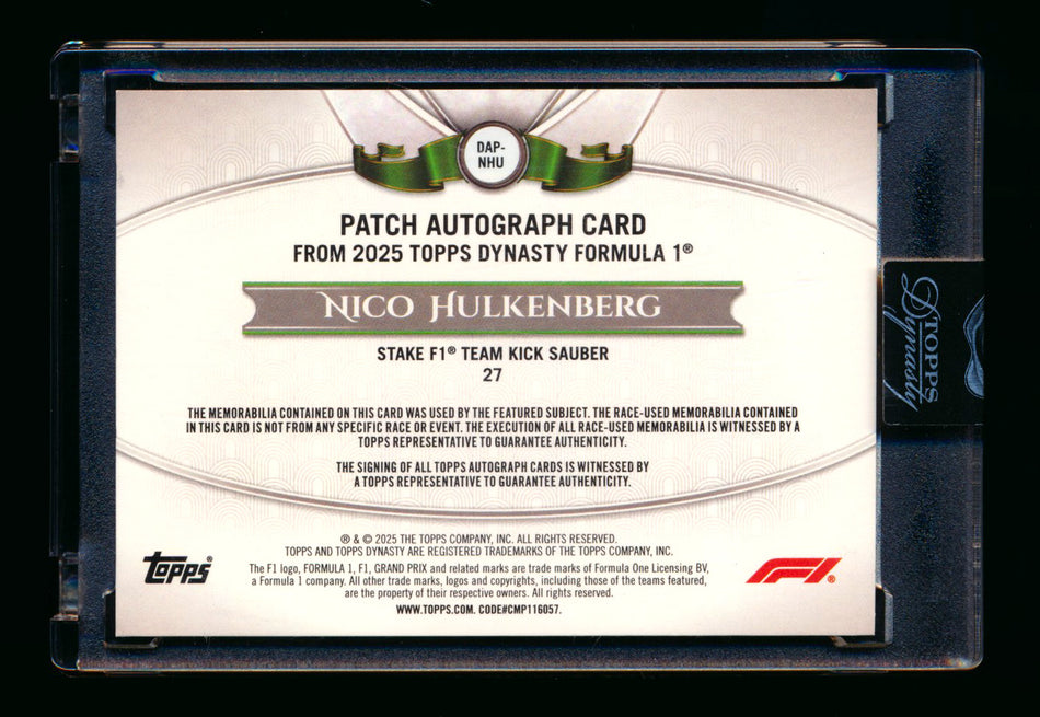 2025 Topps Dynasty F1 #DAP-NHU Nico Hulkenberg Black Patch Autograph #2/2