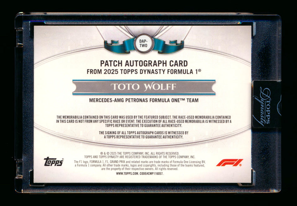 2025 Topps Dynasty F1 #DAP-TWO Toto Wolff Gold Patch Autograph #1/1 ** (SOLD eBay - $1,795.00 - 5/29/2026) **