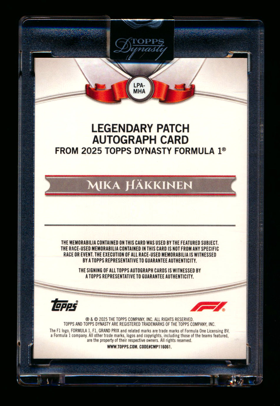 2025 Topps Dynasty F1 #LPA-MHA Mika Hakkinen 1ST Year Patch Autograph #02/10 ** (SOLD - $449.00 - 1/2/2026) **