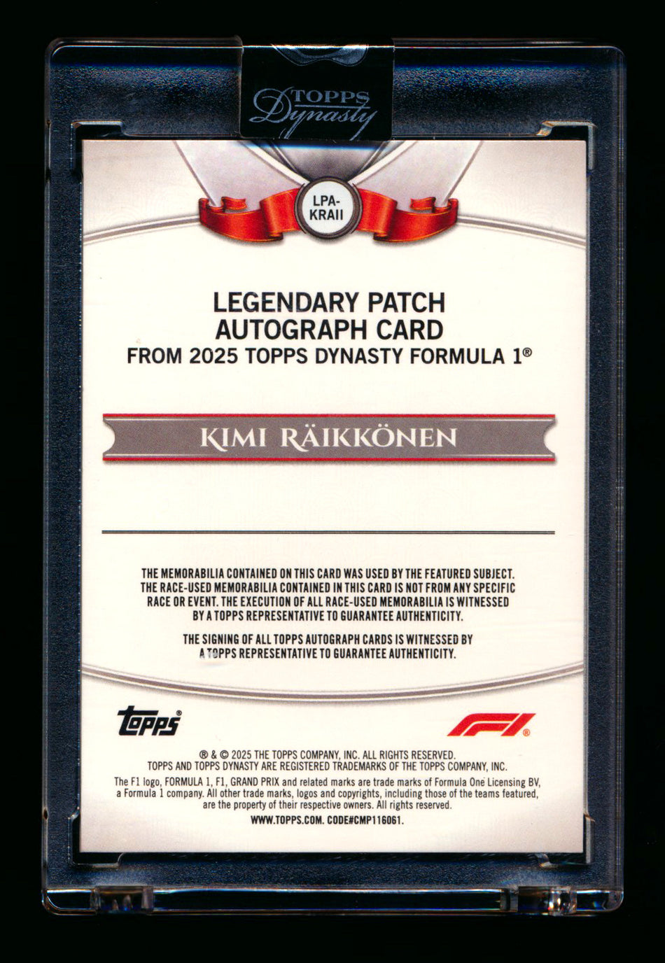 2025 Topps Dynasty F1 #LPA-KRAII Kimi Raikkonen Patch Autograph #09/10 ** (SOLD eBay - $595.00 - 1/7/2026) **