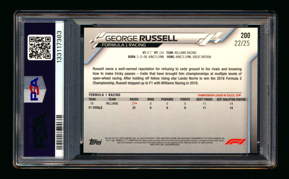 2020 Topps Chrome F1 #200 George Russell RC Orange Refractor #22/25 PSA 7 ** (SOLD eBay - $450.00 - 2/28/2026) **