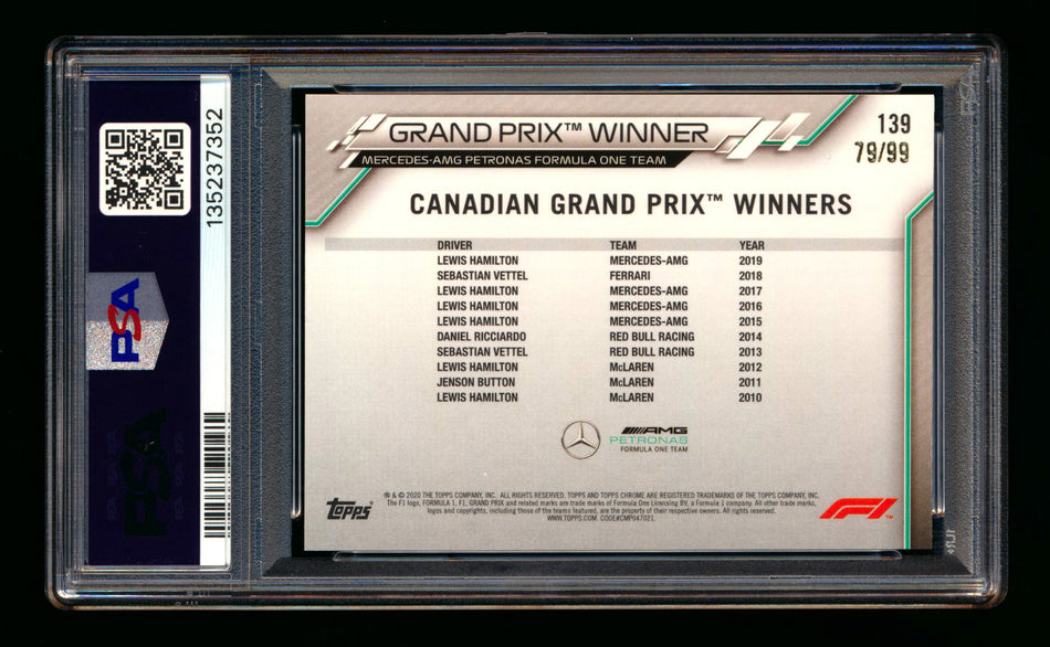 2020 Topps Chrome Sapphire F1 #139 Lewis Hamilton RC Aqua Refractor #79/99 PSA 8 ** (SOLD - $79.00 - 3/7/2026) **