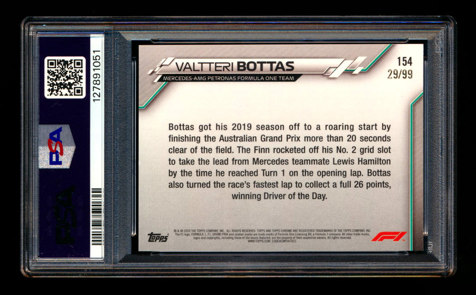 2020 Topps Chrome Sapphire F1 #154 Valtteri Bottas RC Aqua Refractor #29/99 PSA 9