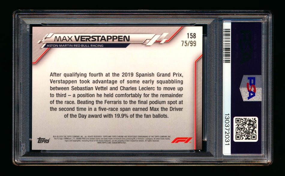 2020 Topps Chrome Sapphire F1 #158 Max Verstappen RC Aqua Refractor #75/99 PSA 8 ** (SOLD eBay - $79.00 - 1/6/2026) **