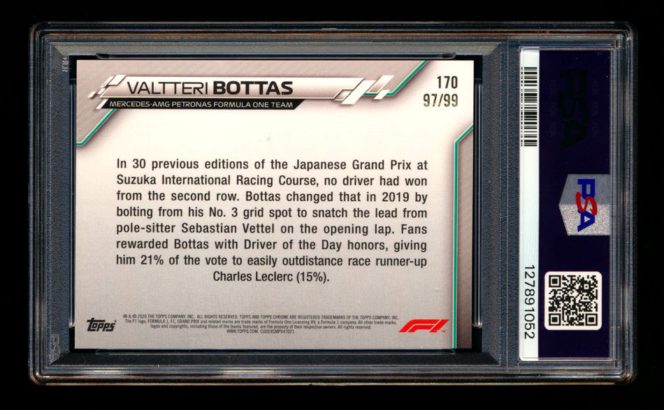 2020 Topps Chrome Sapphire F1 #170 Valtteri Bottas RC Aqua Refractor #97/99 PSA 8 ** (SOLD eBay - $39.00 - 5/5/2026) **