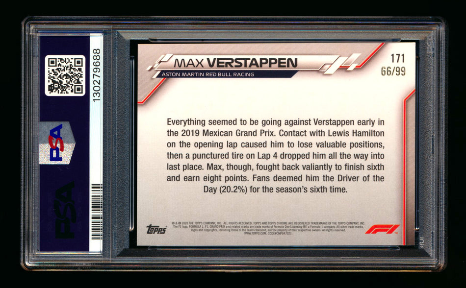 2020 Topps Chrome Sapphire F1 #171 Max Verstappen RC Aqua Refractor #66/99 PSA 8 ** (SOLD - $79.00 - 2/20/2026) **