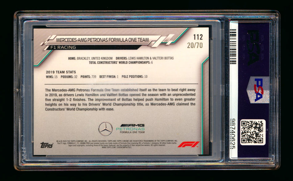 2020 Topps Chrome Sapphire F1 #112 Mercedes-AMG Petronas Team Logo RC 70th Silver Refractor #20/70 PSA 9