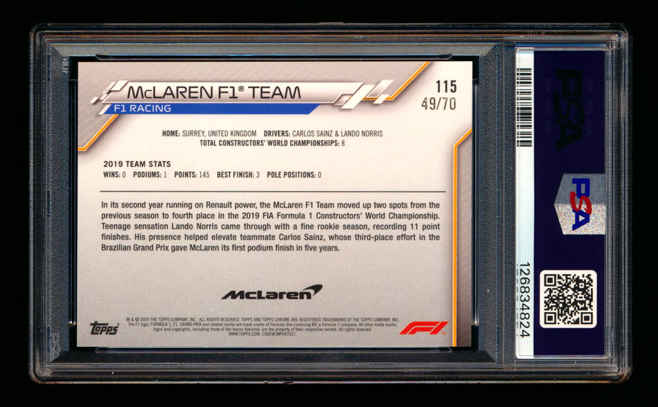 2020 Topps Chrome Sapphire F1 #115 McLaren Team Logo RC 70th Silver Refractor #49/70 PSA 10 - POP 1!