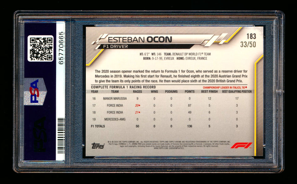 2020 Topps Chrome Sapphire F1 #183 Esteban Ocon RC Gold Refractor #33/50 PSA 10 ** (SOLD eBay - $150.00 - 4/17/2026) **