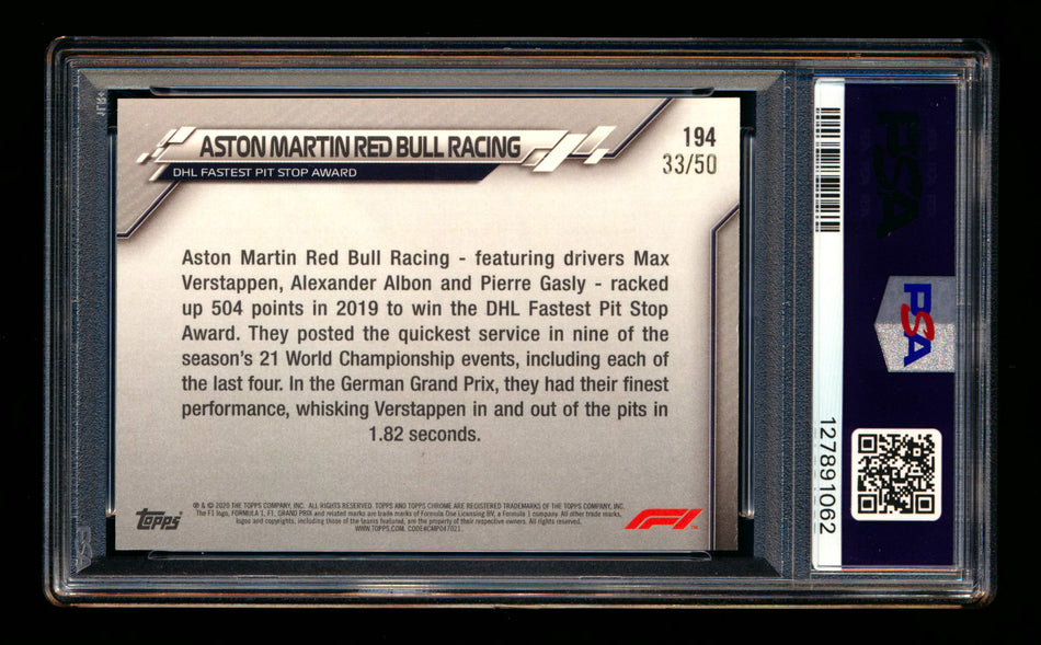 2020 Topps Chrome Sapphire F1 #194 Aston Martin Red Bull RC Gold Refractor #33/50 PSA 9 (Max Verstappen Car #33) ** (SOLD eBay - $190.00 - 1/2/2026) **