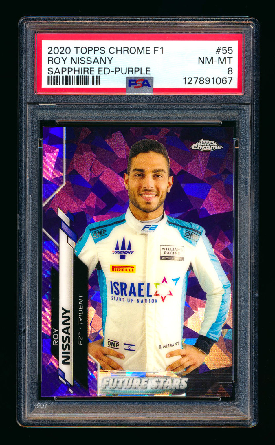 2020 Topps Chrome Sapphire F1 #55 Roy Nissany RC Purple Refractor #09/10 PSA 8