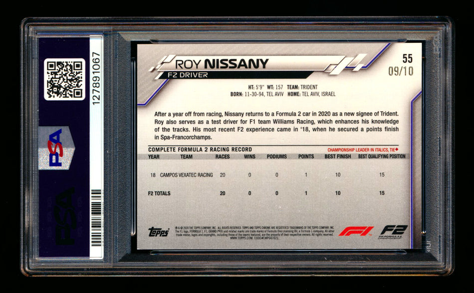 2020 Topps Chrome Sapphire F1 #55 Roy Nissany RC Purple Refractor #09/10 PSA 8