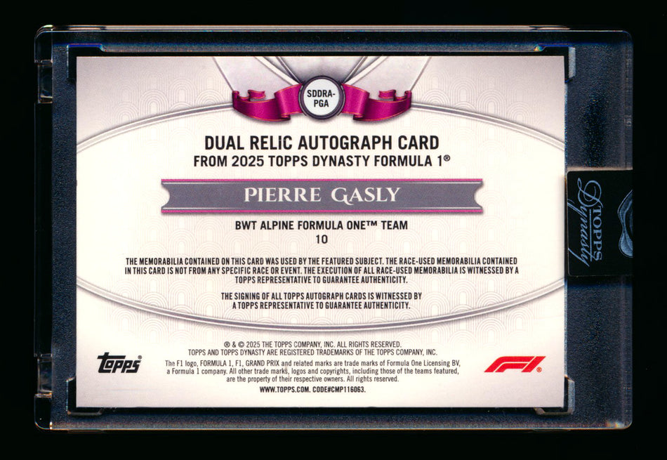 2025 Topps Dynasty F1 #SDDRA-PGA Pierre Gasly Dual Patch Autograph #03/10 ** (SOLD - $349.00 - 12/24/2025) **