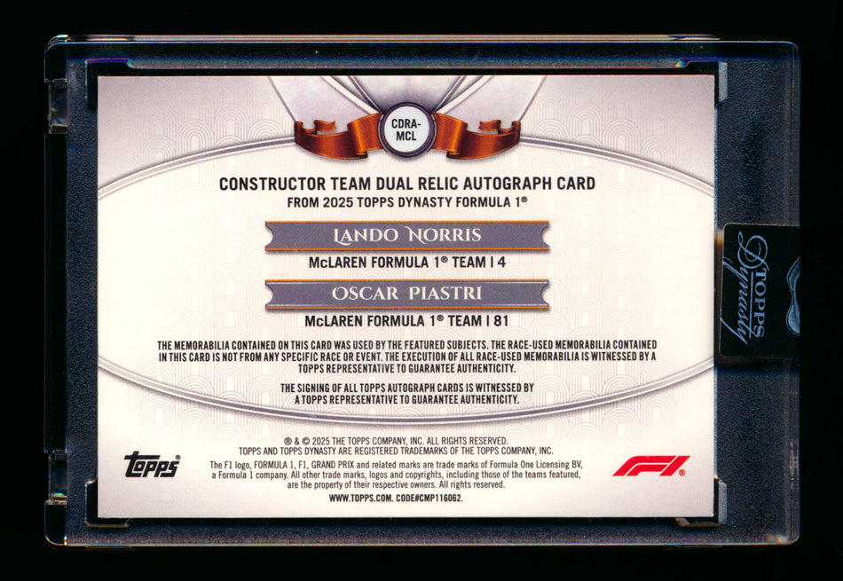 2025 Topps Dynasty F1 #CDRA-MCL Lando Norris/Oscar Piastri Constructor Dual Patch Autograph #09/10